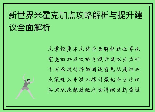 新世界米霍克加点攻略解析与提升建议全面解析